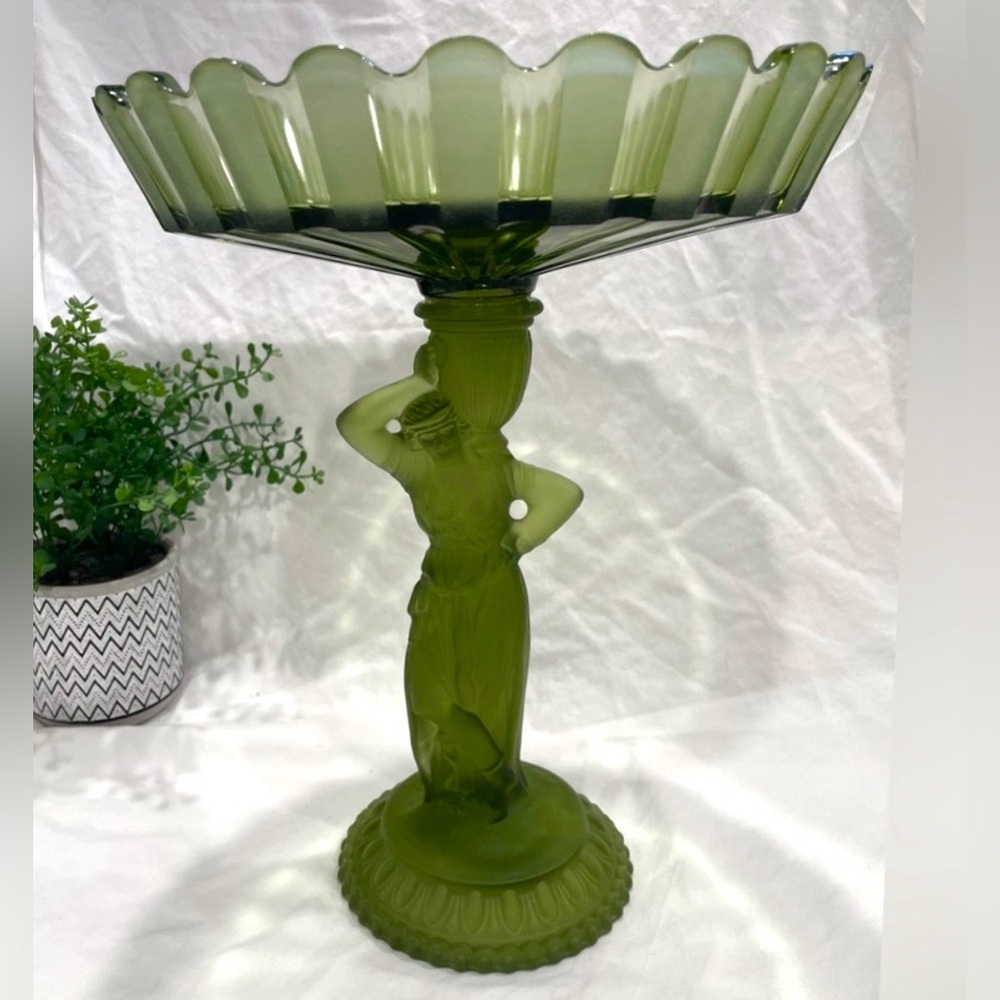 HTF Fostoria “Rebecca Ribbon” Compote in Olive Mist | Tall, Heavy, Vintage | EUC